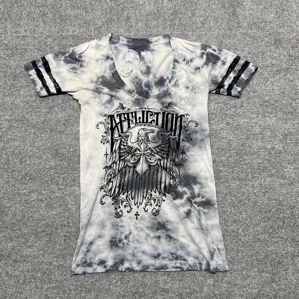 Affliction Shirt Womens Small Gray Tie Dye Eagle Graphic V Neck Tee Top USA